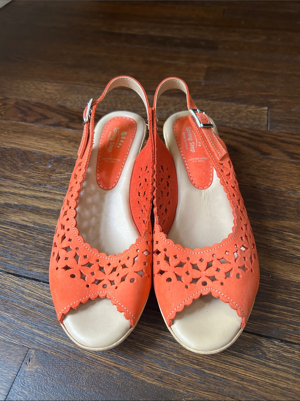 Spring Step Women’s Orange Laser-Cut Leather Slingback Sandals.  Size 40